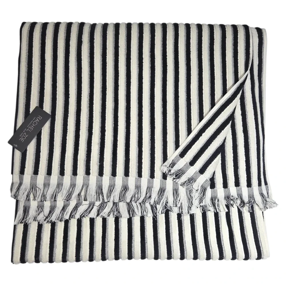 Rachel Zoe Cream Black Striped Fringe Oversized Beach Towel 40x70 Spring Summer